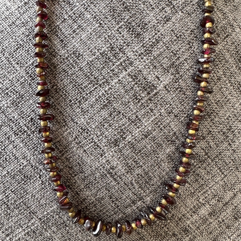 VINTAGE Garnet Chip and Brass Bead 24" Necklace - Gemstones - Unisex Necklaces